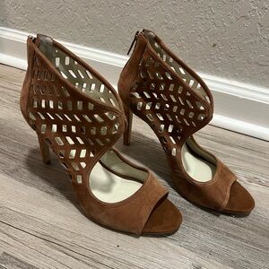 BCBG Camel Suede Peep Toe Ankle Heels